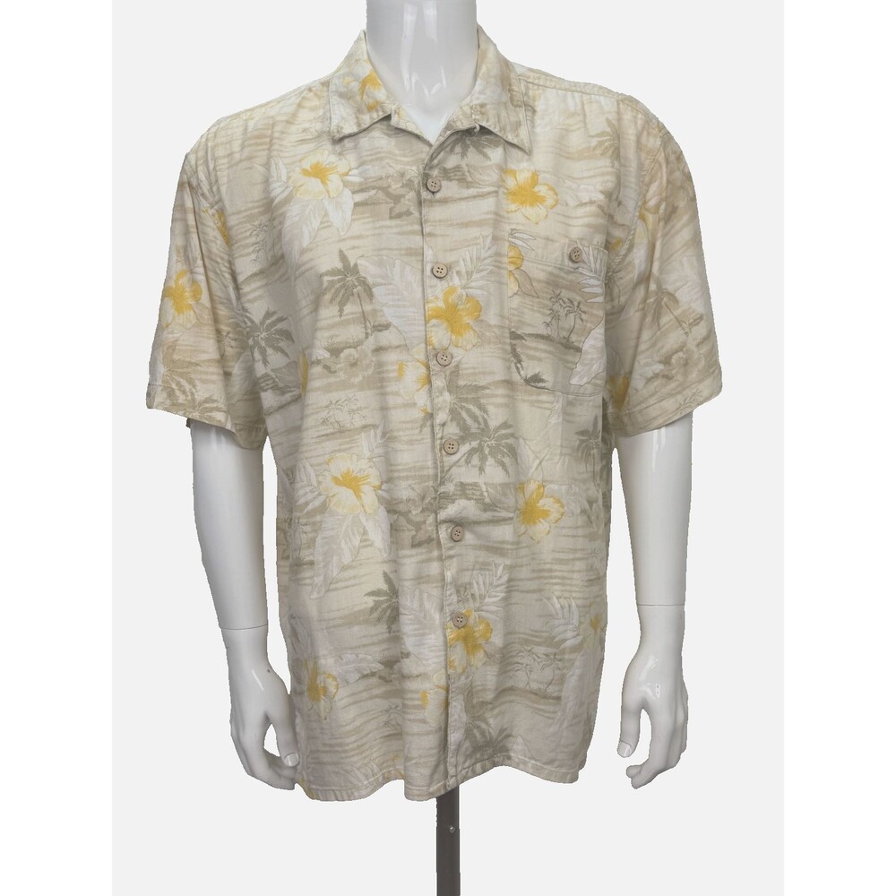 Vintage Hawaiian‎ Shirt Summa Large Y2K Aloha Palm Tree Hibiscus Island Resort